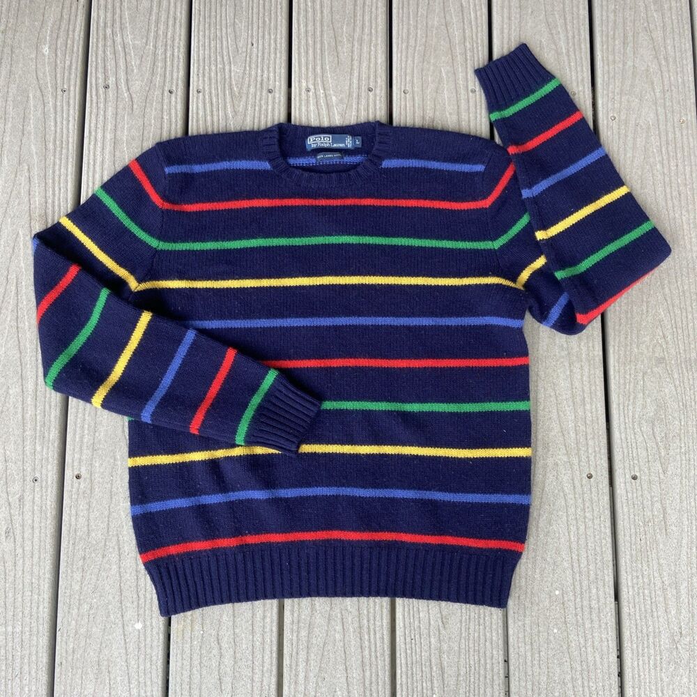 Vintage Polo Ralph Lauren 100% Lambswool Striped Sweater Men’s L Rainbow 1990’s